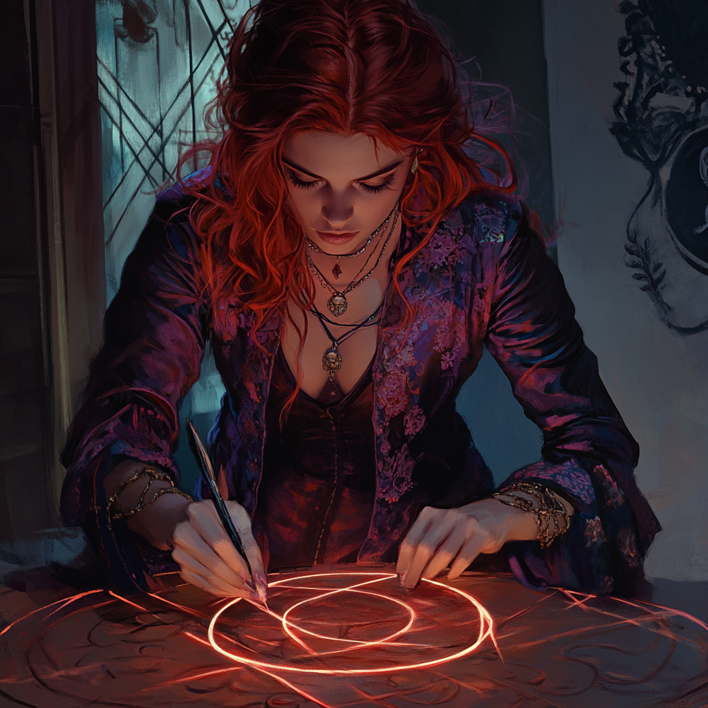 une sorcière rousse trace des signes magiques